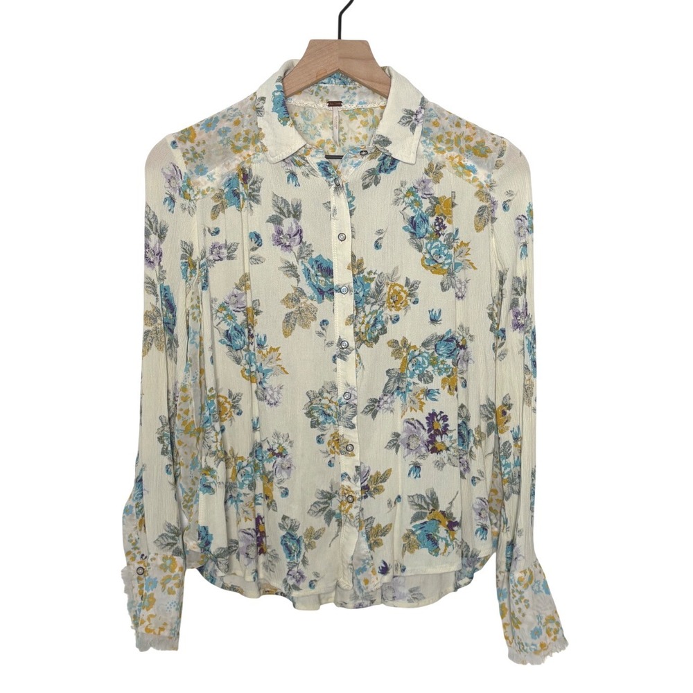 Free People Shirt Ivory Floral Boho Button Front Frayed Cuff Small